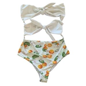 Mio Coral Orange Print Tie Front One Piece Swimsuit White Orange Medium M